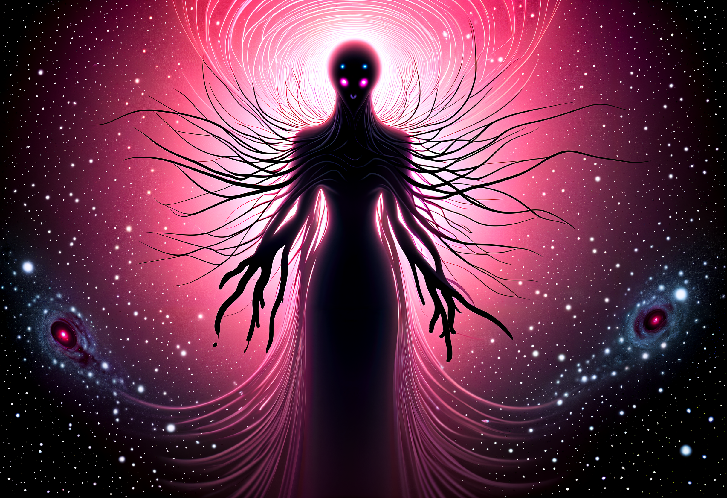 A striking and intricate portrait of a cosmic horror entity, its vast consciousness reaching across galaxies. With a single thought, it psychically dominates entire civilizations, which are represented by small planets orbiting around it. The entity itself is a hyper-minimalist design, yet extremely intricate, with a surreal and ethereal appearance. The scene utilizes volumetric lighting, best shadows, and shallow depth of field to create an atmospheric and delicate effect, capturing the essence of the cosmic horror., intense, pink eyes with a obsessive gleam, Mournfulness, sorrow, grief, lament, Frown, let the shoulders slump, and gaze downward, Trapping and digesting prey