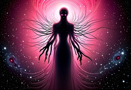 A striking and intricate portrait of a cosmic horror entity, its vast consciousness reaching across galaxies. With a single thought, it psychically dominates entire civilizations, which are represented by small planets orbiting around it. The entity itself is a hyper-minimalist design, yet extremely intricate, with a surreal and ethereal appearance. The scene utilizes volumetric lighting, best shadows, and shallow depth of field to create an atmospheric and delicate effect, capturing the essence of the cosmic horror., intense, pink eyes with a obsessive gleam, Mournfulness, sorrow, grief, lament, Frown, let the shoulders slump, and gaze downward, Trapping and digesting prey