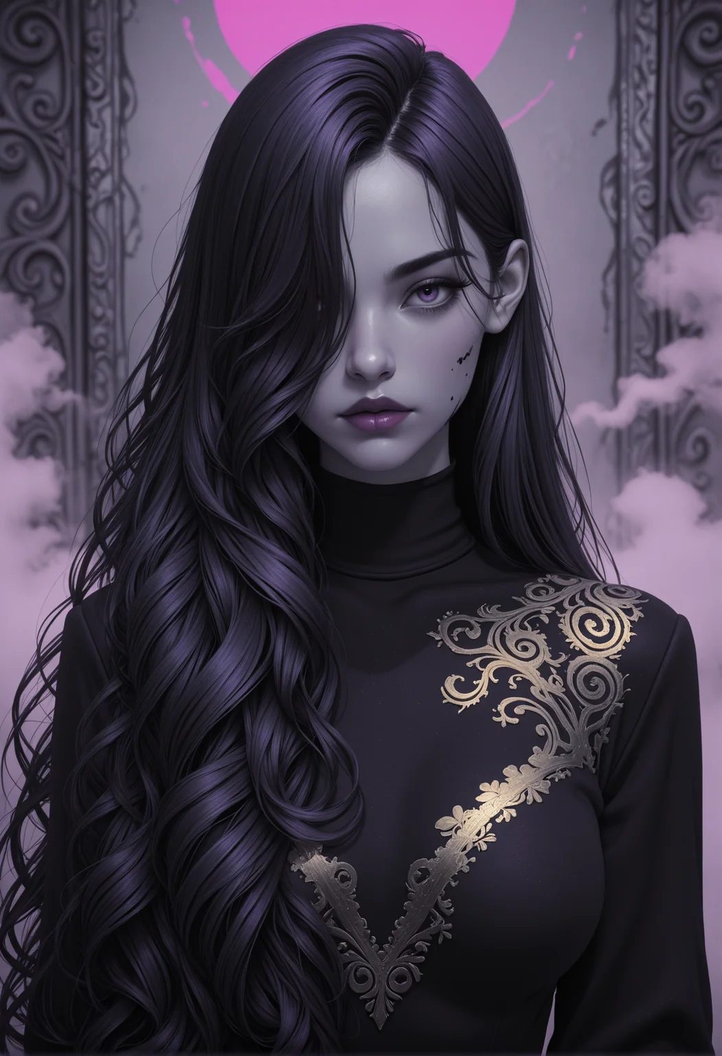 1girl, woman, adult, looking at viewer,
high_quality, highres, detailed_eyes, detailed, masterpiece, best quality, absurdres, 8k, HDR, face_focus,
messy_lipstick,
long hair, straight hair, very long hair, extreme curly thin hair, hair over eye, bangs, hair behind ear,
upper body view, angle_soft_focus, dynamic view,
black velvet cocoon silhouette with golden embroidery spiraling around body, only one eye visible under high collar,
ink, wall, fog,
gray, black, purple, pink, blue, limited palette,