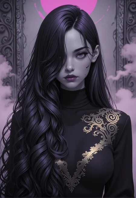 1girl, woman, adult, looking at viewer,
high_quality, highres, detailed_eyes, detailed, masterpiece, best quality, absurdres, 8k, HDR, face_focus,
messy_lipstick,
long hair, straight hair, very long hair, extreme curly thin hair, hair over eye, bangs, hair behind ear,
upper body view, angle_soft_focus, dynamic view,
black velvet cocoon silhouette with golden embroidery spiraling around body, only one eye visible under high collar,
ink, wall, fog,
gray, black, purple, pink, blue, limited palette,