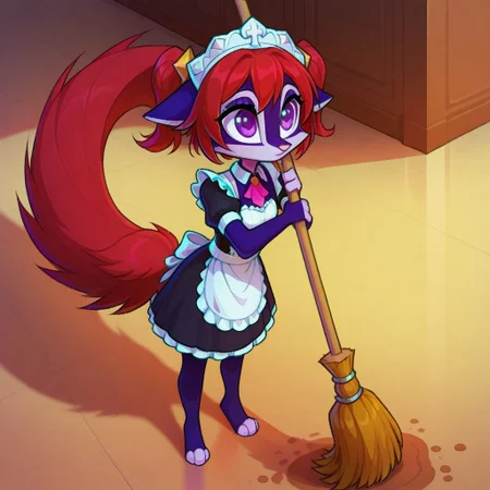Dreamkeepers,Indi_and_Digo,1girl,solo,furry,tail,source_furry,,red hair,purple fur, purple eyes,
child, kid, noelle, genshin impact, maid uniform, sweeping floor, broom,