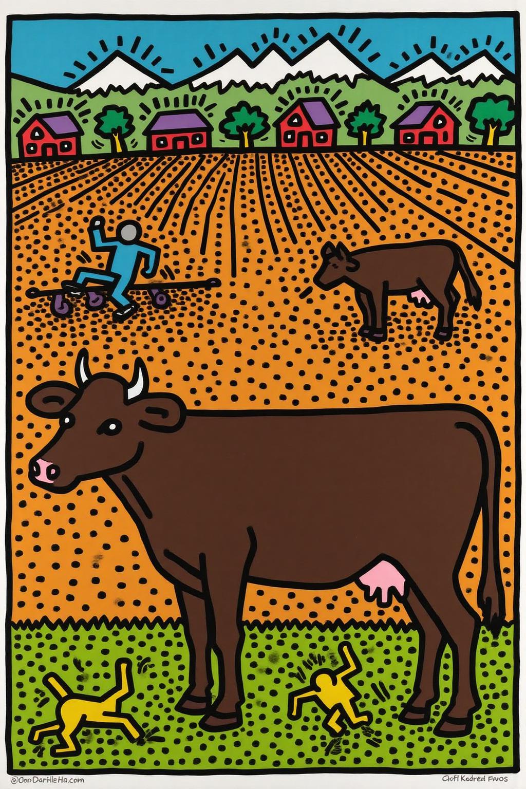 keithharing1 pop art illustration.
The scene features a large, dark brown cow standing in the foreground, facing left, with a another cow grazing further behind. The setting is a vast, open field with freshly plowed earth stretching into the distance. A man is working in a field behind the cow. There are houses and a mountain range in the background. <lora:keithharing1_cap_d6a3:1.0><lora:834306820689408798:0>