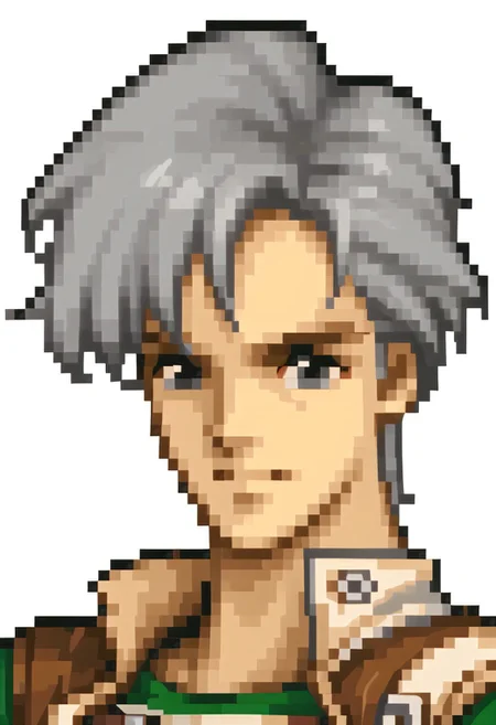 score_9, score_8_up, score_7_up, source_furry, fe4portraits, portrait, white background, pixel art, natgra2, gray eyes, short hair, silver hair, green shirt, brown leather vest, silver belts, white gloves, silver chest plate,