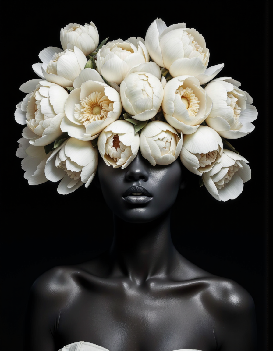 By Tom Nulens. A hyper-realistic digital artwork featuring a stylized, dark-skinned female figure against a solid black background. The figure's skin is rendered in a smooth, glossy black, emphasizing its sleek, almost otherworldly appearance. Her lips are painted a deep, rich red, contrasting starkly with her dark skin. The most striking aspect of the image is the elaborate arrangement of large, white peonies that cover her head, creating a voluminous, floral crown that extends outward and upward. The peonies are meticulously detailed, with petals varying in size and slightly overlapping, giving a lush and organic texture. The figure's shoulders and upper torso are bare, with a hint of the strapless dress or top she might be wearing. The lighting is subtle, highlighting the glossy skin and the delicate, almost ethereal quality of the flowers, which appear to float above her head. The overall composition is balanced and symmetrical, with the flowers forming a central focal point against the stark black background. This surreal, almost futuristic portrayal blends elements of classical beauty with contemporary digital art techniques, creating a visually striking and thought-provoking image. <lora:Tom_Nulens:0.85>
