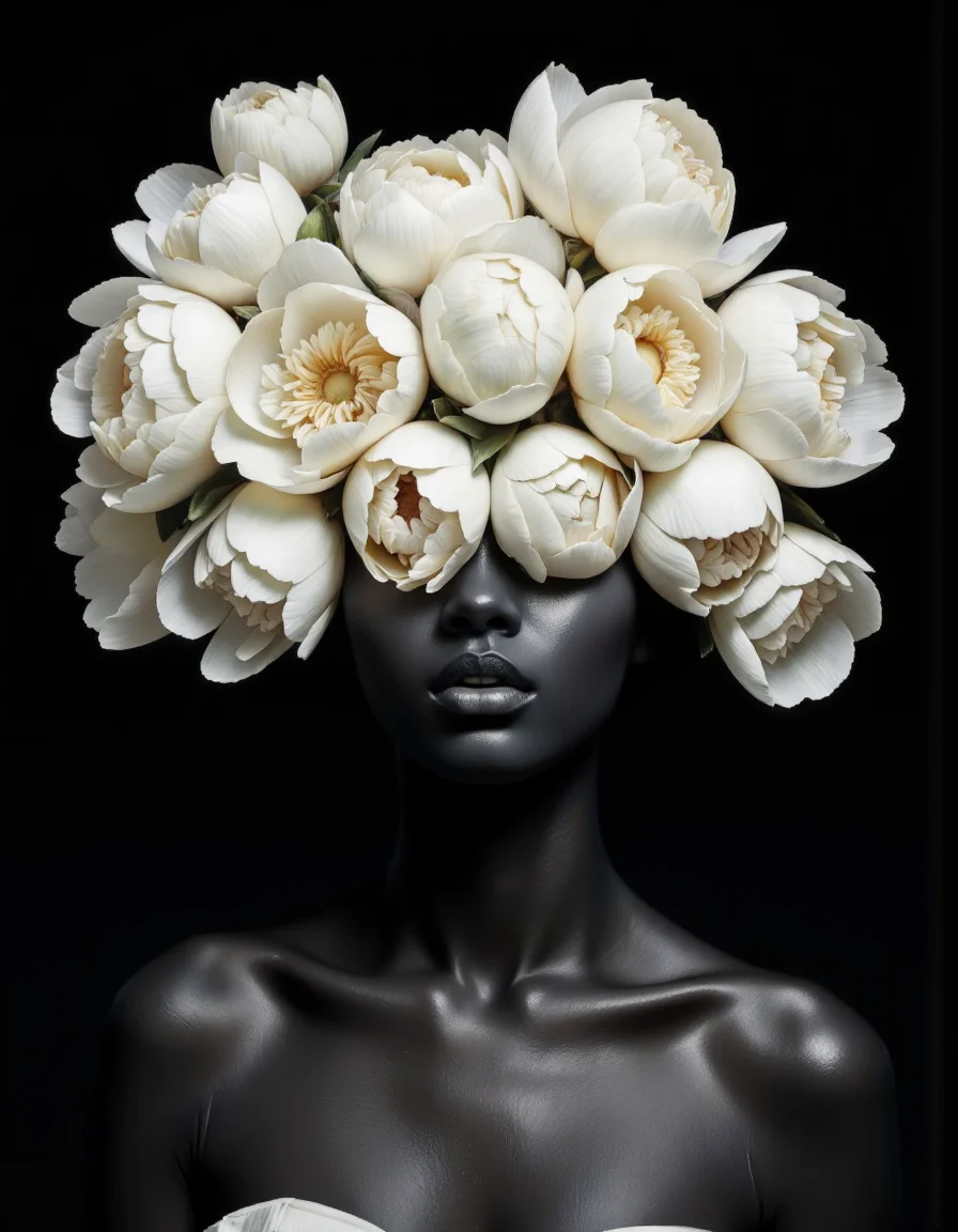 By Tom Nulens. A hyper-realistic digital artwork featuring a stylized, dark-skinned female figure against a solid black background. The figure's skin is rendered in a smooth, glossy black, emphasizing its sleek, almost otherworldly appearance. Her lips are painted a deep, rich red, contrasting starkly with her dark skin. The most striking aspect of the image is the elaborate arrangement of large, white peonies that cover her head, creating a voluminous, floral crown that extends outward and upward. The peonies are meticulously detailed, with petals varying in size and slightly overlapping, giving a lush and organic texture. The figure's shoulders and upper torso are bare, with a hint of the strapless dress or top she might be wearing. The lighting is subtle, highlighting the glossy skin and the delicate, almost ethereal quality of the flowers, which appear to float above her head. The overall composition is balanced and symmetrical, with the flowers forming a central focal point against the stark black background. This surreal, almost futuristic portrayal blends elements of classical beauty with contemporary digital art techniques, creating a visually striking and thought-provoking image. <lora:Tom_Nulens:0.85>
