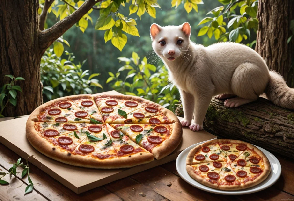 score_9, score_8_up, score_7_up, score_6_up, score_5_up, score_4_up, fur, animal weasel, g5, rich colors, front view, detailed background, detailed, 8k quality, side view, beautiful, teasing, freely actions, small, sausage tree, flying pizza like a marten, pizza, weasel, ferret,