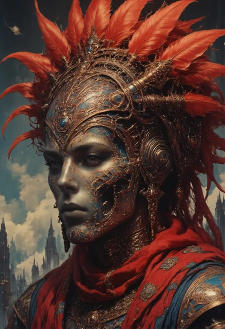 The image is a digital illustration of a skull wearing a red mohawk. The skull is facing towards the left side of the image and appears to be in a battle-ready stance. The mohawks are made of red feathers and are spread out in a fan-like manner. The background is blurred, but it seems to be a cloudy sky with a hint of smoke or fog. The skull is wearing a blue and gold armor with gold accents and a red scarf around its neck. The armor has intricate designs and patterns on it. The overall color scheme of the illustration is dark and ominous, with a mix of red, white, and gold tones. dark background, horror theme