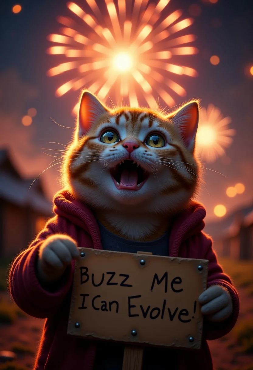 A cute cat, watching some fireworks with an over the top shocked facial expression, holding a sign it says "Buzz Me So I Can Evolve!", realistic, cinematic shot, head tilted back, large eyes, pointing at the viewer,