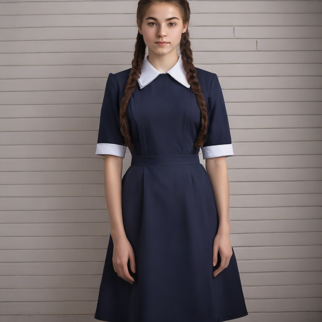 A woman 20 years old, (detailed face:1.5), (beautiful face:1.5),in a Soviet school uniform with a white apron exudes an image of discipline and seriousness. Her uniform consists of a simple dress, often navy blue or black, with a white collar and cuffs. A school badge may be located on the chest. She can wear tall white socks and dressy black shoes. Hair neatly combed or gathered in a bun. A girl in a Soviet school uniform looks modest and old-fashioned, but also carries the spirit of discipline and respect for education, perfect face, (usxl),  <lora:suxl:0.7>