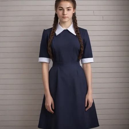 A woman 20 years old, (detailed face:1.5), (beautiful face:1.5),in a Soviet school uniform with a white apron exudes an image of discipline and seriousness. Her uniform consists of a simple dress, often navy blue or black, with a white collar and cuffs. A school badge may be located on the chest. She can wear tall white socks and dressy black shoes. Hair neatly combed or gathered in a bun. A girl in a Soviet school uniform looks modest and old-fashioned, but also carries the spirit of discipline and respect for education, perfect face, (usxl), <lora:suxl:0.7>