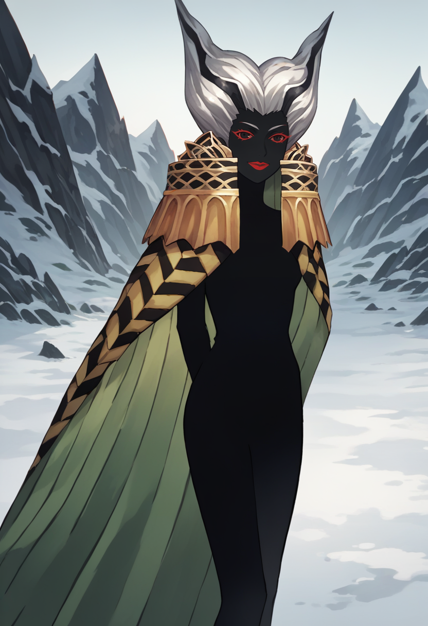 score_9, score_8_up, score_7_up, source_anime, 1girl, looking at viewer, smile, closed mouth, arms behind back, <lora:zs_SkadiXL:1> skadismt, colored skin, black skin, multicolored hair, white hair, black hair, lipstick, makeup, cape, epaulets, outdoors, ice, snow