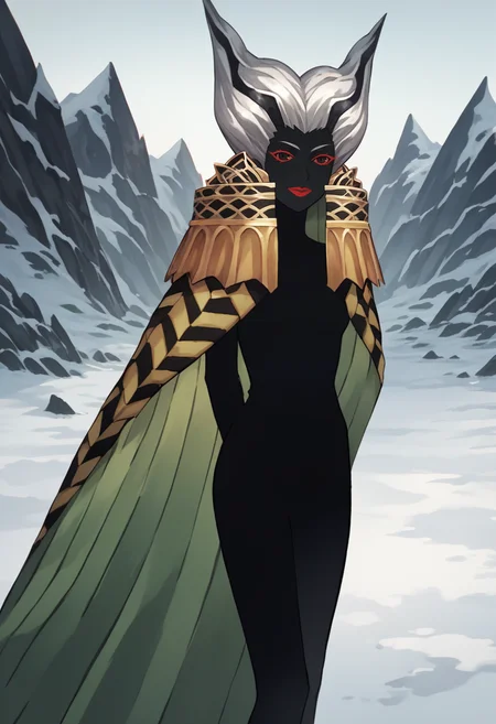 score_9, score_8_up, score_7_up, source_anime, 1girl, looking at viewer, smile, closed mouth, arms behind back, <lora:zs_SkadiXL:1> skadismt, colored skin, black skin, multicolored hair, white hair, black hair, lipstick, makeup, cape, epaulets, outdoors, ice, snow