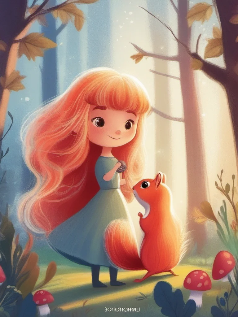 A girl with long blonde hair and a crown on her head is holding a mushroom. She is standing next to a small red squirrel., <lora:kids:1> illuillustration,
