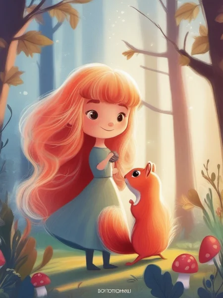 A girl with long blonde hair and a crown on her head is holding a mushroom. She is standing next to a small red squirrel., <lora:kids:1> illuillustration,