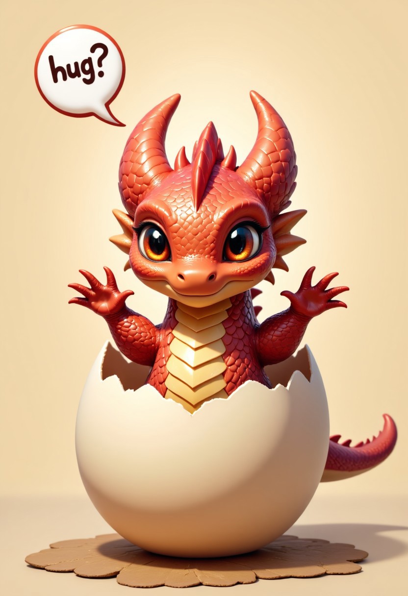 The picture captures the moment when a chibi dragon hatches from an egg, the head looks out of the top of the egg, the shell is on his head, the dragon looks super cute at the viewer, above him is a speech bubble with the inscription "hug ?", cuteness overload, its scales have rainbow colors, the dragon stretches its arms out to the viewer