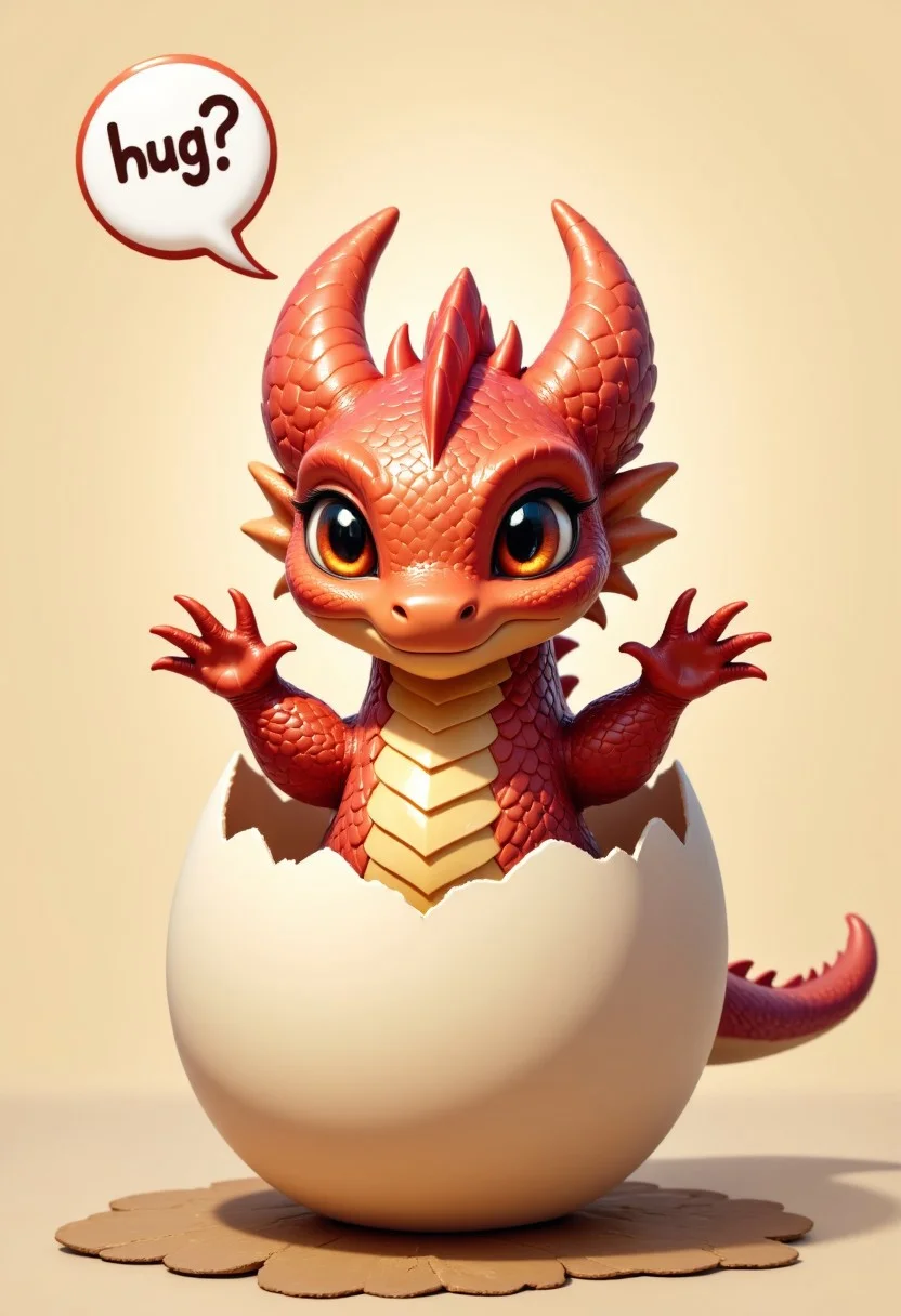 The picture captures the moment when a chibi dragon hatches from an egg, the head looks out of the top of the egg, the shell is on his head, the dragon looks super cute at the viewer, above him is a speech bubble with the inscription "hug ?", cuteness overload, its scales have rainbow colors, the dragon stretches its arms out to the viewer