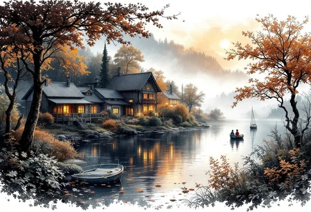 on a white background, village, house, trees, boat, fog,  summer, watercolor, monochrome, drawing, on a black background, village, house, trees, boat, fog,  autumn, watercolor, monochrome, drawing, line, realism, intricate details, hyper-detailed, chiaroscuro lighting, vivid colors, professional photoshoot