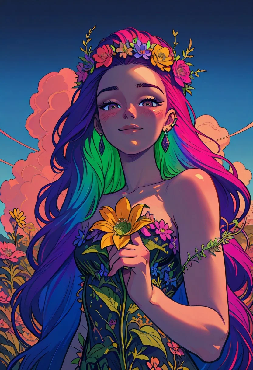 ajnblyst, Hippie girl, 1 girl, jewelry, earrings, solo, flower dress, offering a flower, looking at the viewer, light skin, very long hair, braided hair, upper body, piercing, ear piercing, long colorful hair, warm smile, deep neckline, blushing, outdoors, blue sky, billowing clouds, bending forward, claevage,, flower crown, dark background, low angle view. offering sun-flower, t1m3r