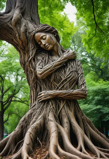 A real masterpiece. Park. In the park there is a figure of a 1woman made from the roots of a tree, standing up a hugging the tree. The woman's head is woven from the roots of a tree, her loose hair is the roots of trees.Hands are woven roots.In his arms, .Original, beautiful, fantastic. The most beautiful painting in the world.3D