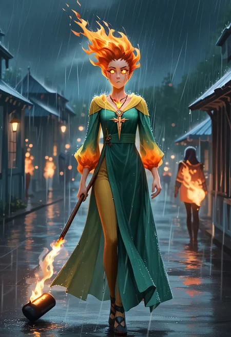 score_9, score_8_up, score_8_up,  female, hight quality, best art, detailed , good quality, rendered details. Adorable.  Hight resolution. perfect.  Full body view,  Slim figure, estetic, Erotic Fire spirit , ((girl make from fire, luminous eyes. amulet, skinny)). Fire skin burning effect, fire effect. ((shoked face, scared)), ((fast run away)), ((swtrong rain)), ((rain hurt fire-girl, rain extinguishes the fire by creating smoke, a lot of smoke from  girl contact with rain)). ((dark rain)), ((8k effect of rain)), ((8k fire effect))