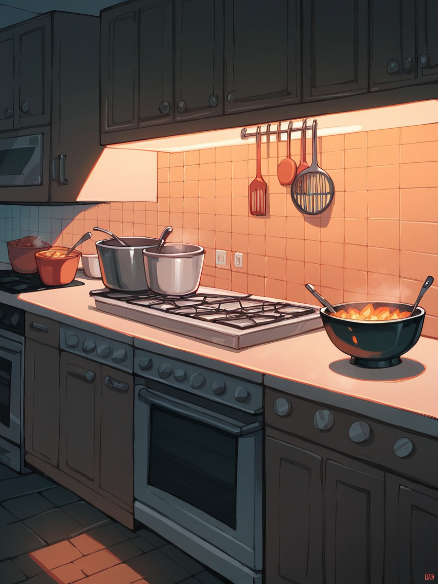 score_9, score_8_up, score_7_up, score_6_up,  <lora:d4rkv1b3XLP:1> d4rkv1b3, dark, night, 1girl, kitchen,