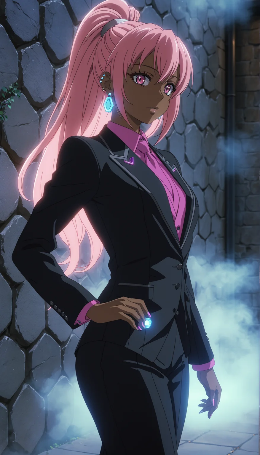(anime screencap:1.5), 
Stylized dark skin gyaru anime character wearing a sleek hexagonal-textured suit,ear piercing,  set against a dimly lit stone wall, cinematic lighting. 
Walking towards the camera, hair flowing in motion.
Chromatic aberration for a slight retro-futuristic look.Subtle fog effects, creating a dreamlike atmosphere.Neon reflections subtly visible
side profile shot, showing the facial features and outfit details.
Close-up of the outfit texture, emphasizing detail.
Hands resting on hips, with a bold, confident look.


