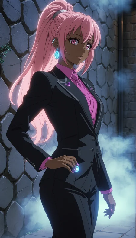 (anime screencap:1.5),
Stylized dark skin gyaru anime character wearing a sleek hexagonal-textured suit,ear piercing, set against a dimly lit stone wall, cinematic lighting.
Walking towards the camera, hair flowing in motion.
Chromatic aberration for a slight retro-futuristic look.Subtle fog effects, creating a dreamlike atmosphere.Neon reflections subtly visible
side profile shot, showing the facial features and outfit details.
Close-up of the outfit texture, emphasizing detail.
Hands resting on hips, with a bold, confident look.