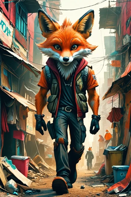 Detailed digital illustration of an anthro Fox (Walking away confidently, leaving an impression) at a Megacity slums with makeshift cyber clinics, <lora:xl_more_art-full_v1:0.5>, <lora:anthro_muscular:0.7>, <lora:MJ52:0.6>, <lora:madpunk:0.4> madpunk
