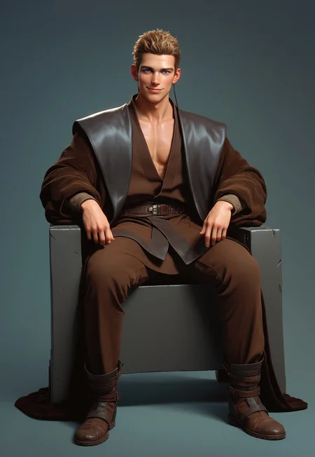 score_9,score_8_up,score_7_up,score_6_up, 1boy, boy,(handsome, cute) solo, blue eyes, blond hair, sitting on chair, smug,, very short hair,(muscular body:0.8)), Sci-fi Environments, Sci-fi chair, jedi robe, 1boy, male focus, full body, jedi robe, belt, brown clothes, robe, coat, Coruscant