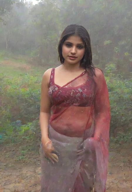 instagram photo, indian lady, transparent saree, big boobs, posing, perfect place, wet, long hair, red lips