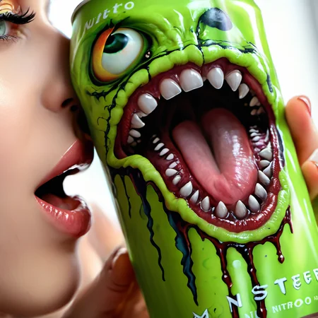 Photo of a woman holdin monster nitro to her lips.drinking monster nitro,,realistic, photo, fine detail, trending on artstation, detailed face and eyes, detailed anatomy.beautiful hand,good hand,green monster nitro,one monsternitro can,<lora:MonsterNitro-000001:0.8>,detailed words,detailed,,3 black lines on it, <lora:xl_more_art-full_v1:0.8>,