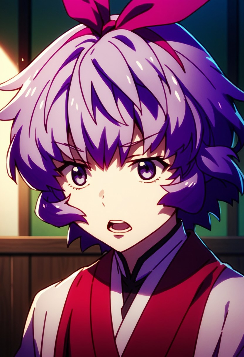 score_9,score_8_up,score_7_up,source_anime,iyo (big order),1girl,solo,open mouth,ribbon,hair ribbon,upper body,purple hair,indoors,