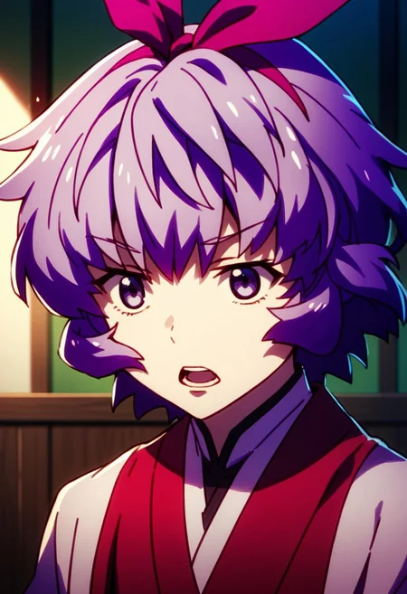 score_9,score_8_up,score_7_up,source_anime,iyo (big order),1girl,solo,open mouth,ribbon,hair ribbon,upper body,purple hair,indoors,