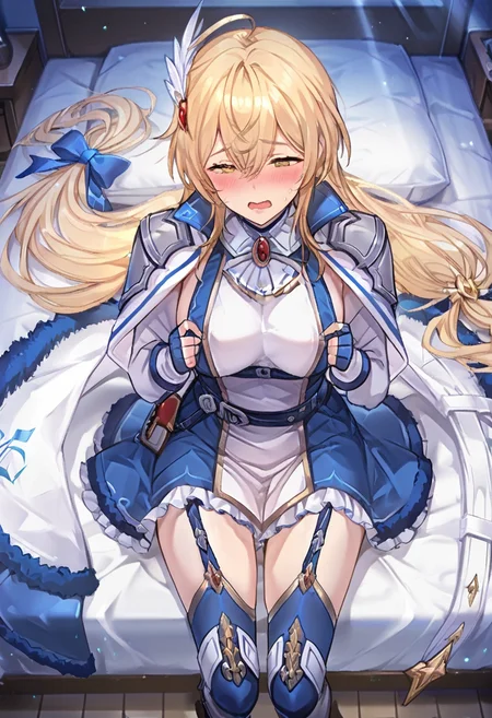 masterpiece,best quality,absurdres,perfect lighting,
*//*,<lora:Rizette_LL-Illustrious:1>,rizette_ll,1girl,solo,blonde hair,long hair,(low-tied long hair:0.9),ahoge,yellow eyes,hair bow,blue bow,dress,armor,shoulder armor,fur trim,fingerless gloves,thighhighs,garter straps,boots,cape,hair ornament,
*//*,bedroom,nervous,blush,half-closed eyes,(lying, on back:1.3),(half undress, undressing:1.2),embarrassed,open mouth,(game cg, moody lighting, cinematic lighting:1.2),night,novel illustration,nsfw,