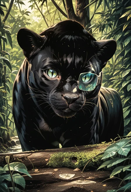 (score_9, score_8_up, score_7_up, highest score, best quality:1.2), zPDXL3, good_hands, hi-res. 8k, source_anime, no humans BREAK b14ckpanthr, black panther, feral black panther, slit pupils, scouter, tinted eyewear BREAK BREAK jungle, bushes, sunlight, light particles, (outdoors:1.3), sharp colors, perfect eyes, (detailed realistic background:1.3), (high quality:1.1), (ultra detailed:1.4), <lora:pony_good_hands:0.7>, <lora:add-detail-xl:1>, <lora:xl_more_art-full_v1:0.5>