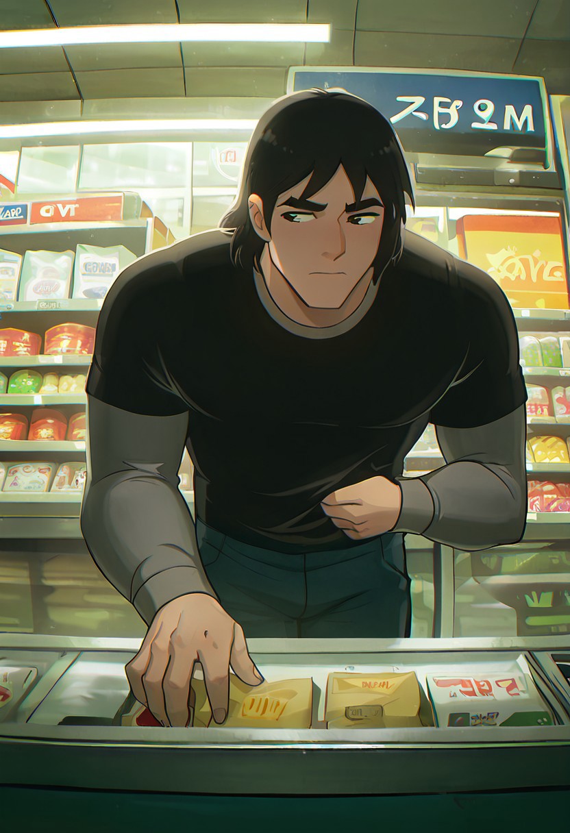 masterpiece, best quality, amazing quality, very aesthetic, absurdres, newest,
kevaf, black hair, 1boy, solo, black shirt, layered sleeves, short over long sleeves, thick eyebrows,
in grocery store, supermarket, japanese supermarket, fisheye lens, looking at package, inside supermarket, gas station, stealing, putting hand inside shirt, looking away, fishseye, cctv,