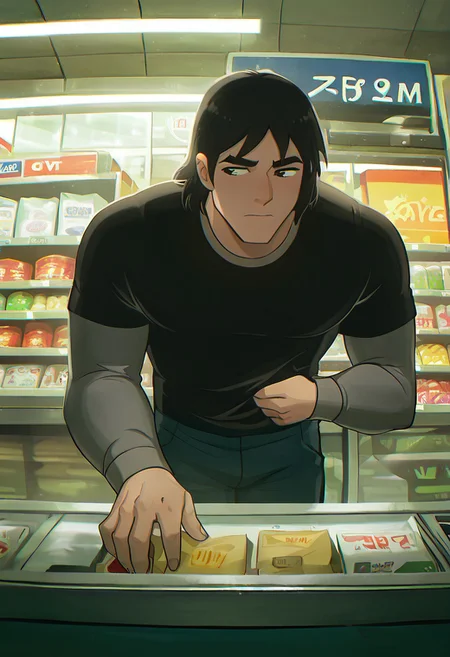 masterpiece, best quality, amazing quality, very aesthetic, absurdres, newest,
kevaf, black hair, 1boy, solo, black shirt, layered sleeves, short over long sleeves, thick eyebrows,
in grocery store, supermarket, japanese supermarket, fisheye lens, looking at package, inside supermarket, gas station, stealing, putting hand inside shirt, looking away, fishseye, cctv,