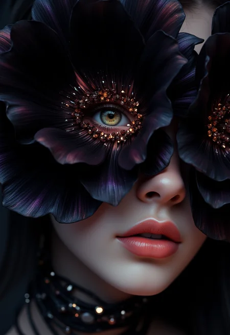 A hyper-realistic digital rendering featuring a surreal composition of a woman's face adorned with a large, black flower that covers her eyes, except for a single, (central eye framed by the flower petals:1.5). The petals are delicate and vivid, with smooth edges that curve gracefully, creating an organic flow. The flower displays soft dark black and dark purple iridescent hues , with the eye's iris in sharp contrast—an amber-gold color with intricate, crystalline detail. The lighting is dramatic, casting subtle shadows on the woman's porcelain skin, highlighting the gloss of her lips and the smooth texture of her complexion. Her lips are plump, in a rich, glossy coral-pink shade. Around her neck, she wears a multi-layered rope that ties her neck gently , with some loose pieces of rope
, which is deep black, drawing attention to the subject in the foreground. The soft lighting creates a sense of depth and adds dimensionality to the image, giving the illusion of a photograph. The overall composition has a dreamlike, fantastical quality with a blend of photorealism and surrealism.