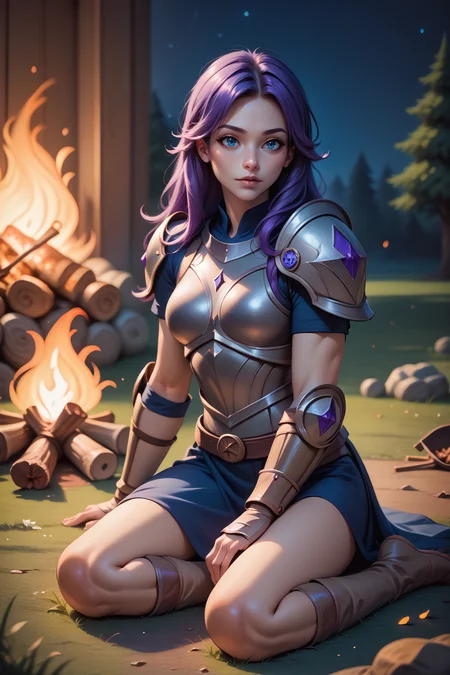 score_9, score_8_up, 1girl, solo, <lora:NSAbigailStardew:1> NSAbigailStardew, purple hair, blue eyes, long hair, parted bangs, night time, sitting, campfire, armor