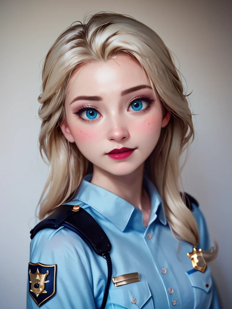 score_9, score_8_up,score_7_up,1girl,elsa \(frozen\), blush,  <lora:Korean_mix_style:0.8>,brown hair, upper body,realistic,photo realistic,blonde hair, police uniform,