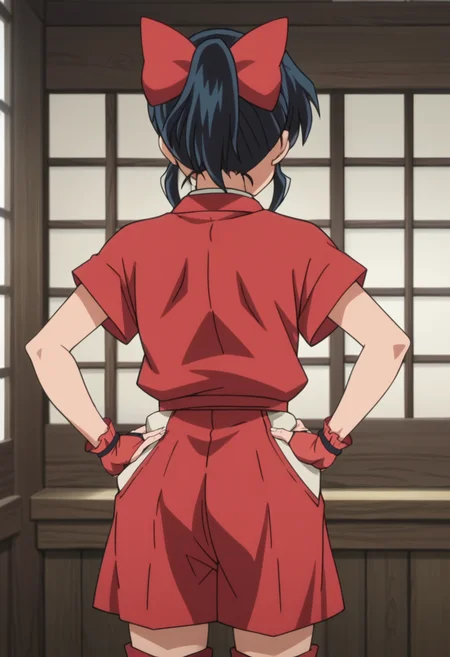 source_anime,anime screencap, anime coloring,intricate details,rating_safe, masterpiece, best quality,
(best quality, absurd res, ultra detailed),,(4 finger:0.5),1girl, ((solo)), good eyes,perfect eyes,,detailed eyes, zPDXLxxx , zPDXL3,detailed, detailed face
BREAK
solo,indoors,standing,from behind,hands on hips,
moroha, facing away, black hair, hair bow, ponytail, japanese clothes, fingerless gloves, toeless legwear, 
back,
, <lora:add-detail-xl:2>  <lora:Moroha_Inuyasha_-_Yashahime:0.8>