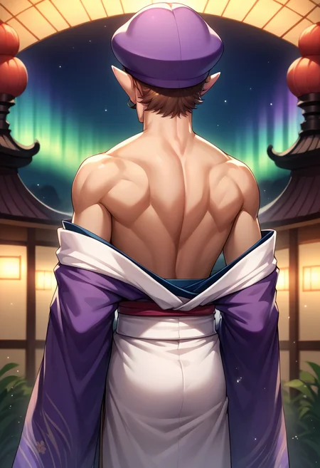 score_9, score_8_up, source_anime, 1boy, solo, Waluigi, mustache, teeth, pointy ears, brown hair, hat, purple headwear, aurora, back, bare back, bare shoulders, bow, from behind, kimono, light particles, long sleeves, off shoulder, <lora:ChamWaluigiPonyXL:1>