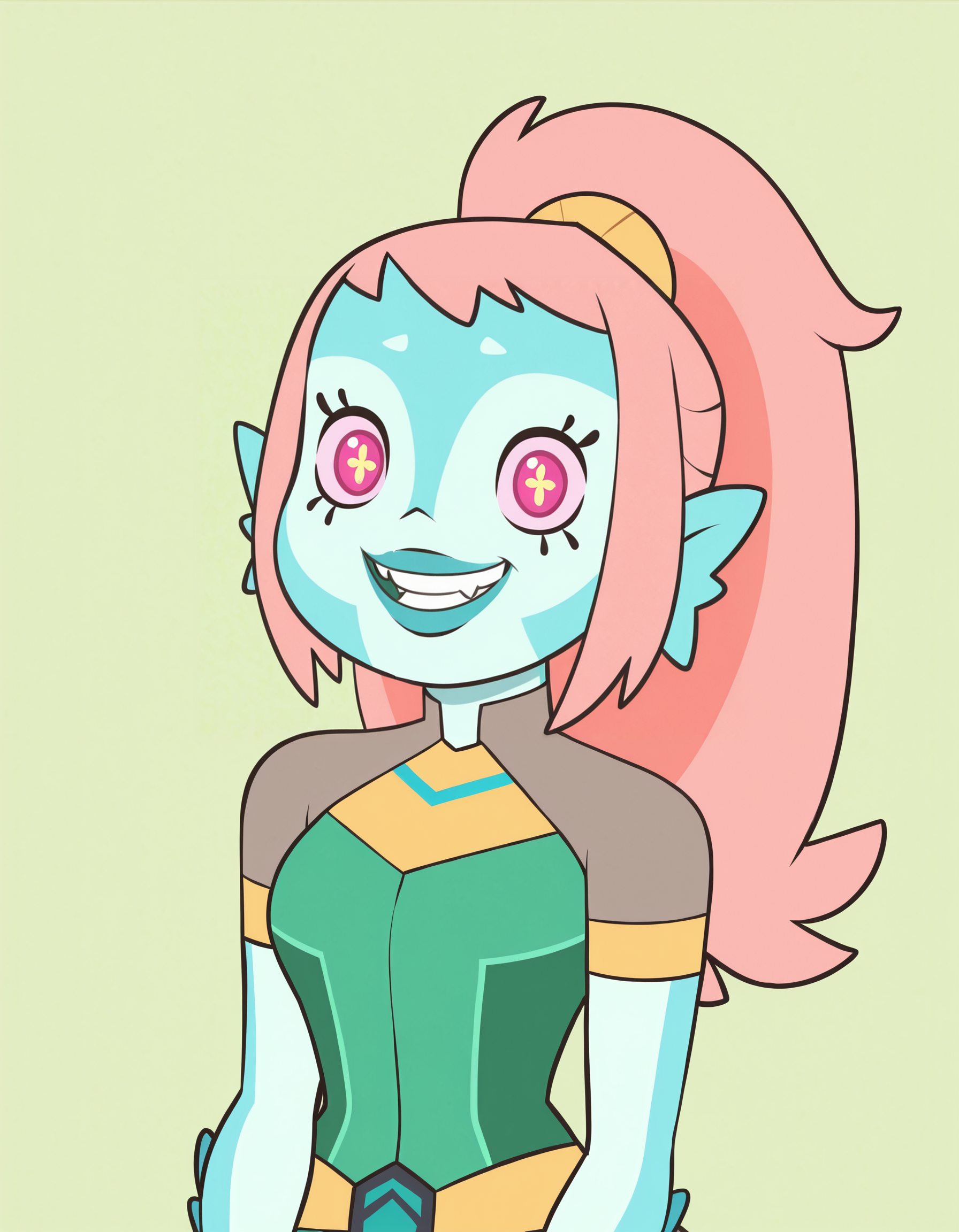 akila, 1girl, alien, blue skin, pink hair, colored skin, ponytail, long hair, pink eyes, head fins,+ +, solo, smile, symbol-shaped pupils, breasts,dress,short sleeves,simple background, looking at viewer,portrait,teeth,upper body,     <lora:AkilaIllustrious1.0JLFO:1>