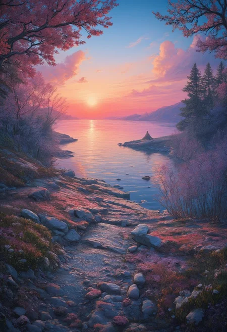 a fantasy landscape. spring landscape by the lake. trees with flowers. at evening. red sun sets perfection style,