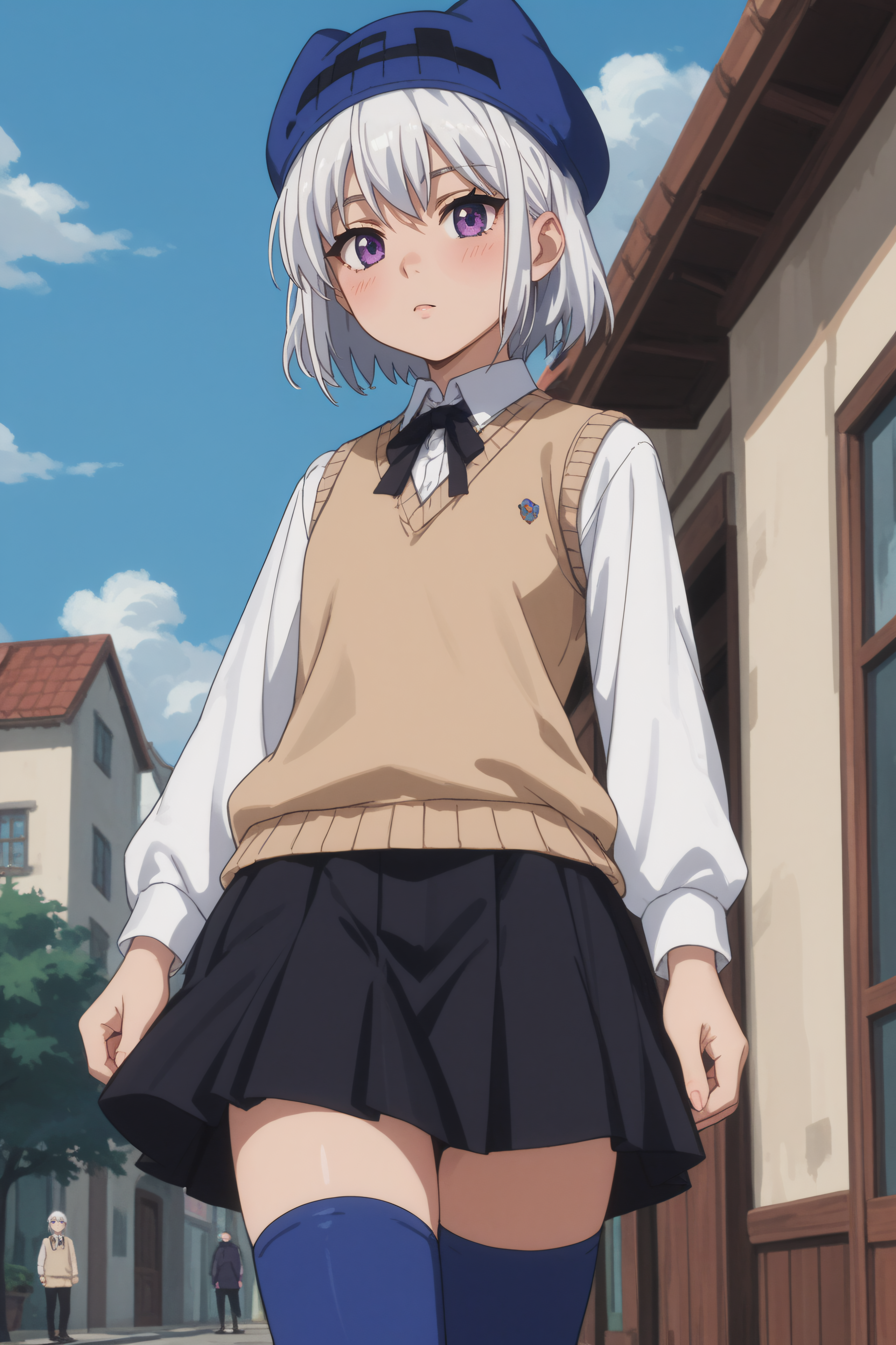 score_9, score_8_up, score_7_up, source_anime, <lora:Athena-PonyXL-lora-Faxtron:0.8> athena, purple eyes, white hair, short hair, hat with ears, beige sweater vest, white shirt, black neck ribbon, long sleeves, black skirt, blue thighhighs, standing, anime screencap,