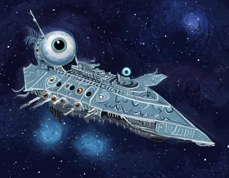 digital painting,<lora:Chaos_Warfleet_-_Warhammer_40000_SDXL:0.95>,a pale blue chaoswarfleet ship with giant eyeballs  in outer space, no_humans,impressionist style,feathers