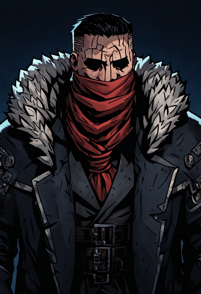 masterpiece, best quality, newest, absurdres, highres, DDstyle, official style, black eyes, shaded eyes, 1boy, DDDismas-V1.1, bandana, scarf, red bandama, fur trim,