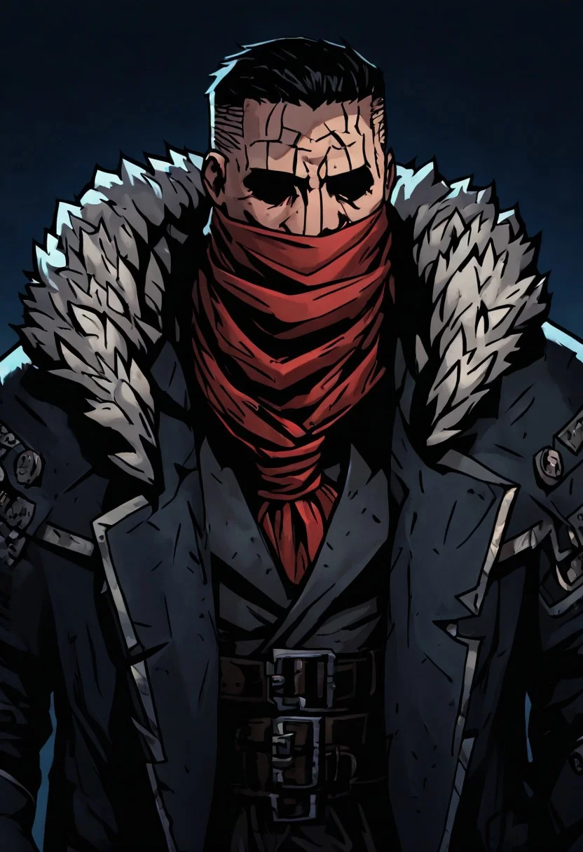 masterpiece, best quality, newest, absurdres, highres, DDstyle, official style, black eyes, shaded eyes, 1boy, DDDismas-V1.1, bandana, scarf, red bandama, fur trim,