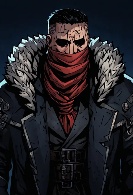 masterpiece, best quality, newest, absurdres, highres, DDstyle, official style, black eyes, shaded eyes, 1boy, DDDismas-V1.1, bandana, scarf, red bandama, fur trim,
