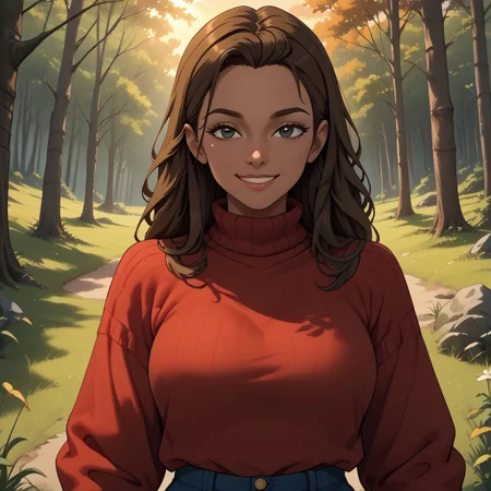 score_9, score_8, BREAK, brown hair, black eyes, red sweater, turtleneck, blue pants, sneakers, breasts, Gabby_(Disventure_Camp), dark skin, dark skin female, sexy pose, self portrait, smile, outdoors, sunlight, shadows, evening lighting, natural lighting, forest, trees, grass, orange sky, sunset